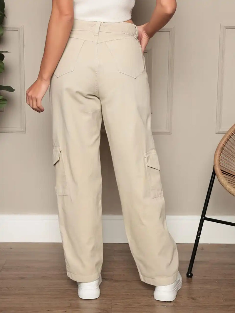 Calça Jeans Cargo Feminina Comprimento Longo